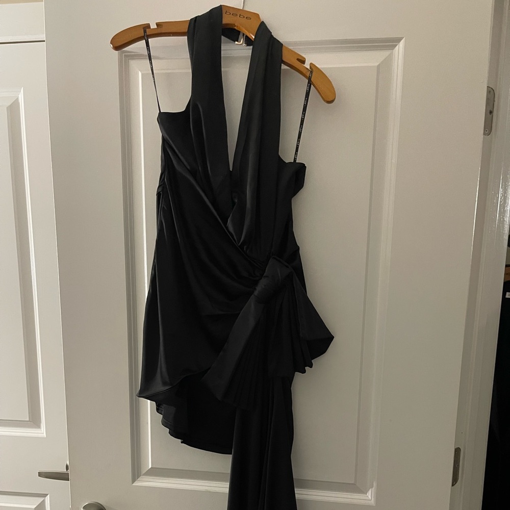 Black Satin Deep V Halter Top Mini Dress With Bow And Long Sash